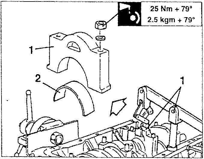 Illustration showing removal of rear main bearing with lever 1.821.008.001 and fork 1.821.008.002, with torque specification 25 Nm + 79° / 2.5 kgm + 79° shown in a box.