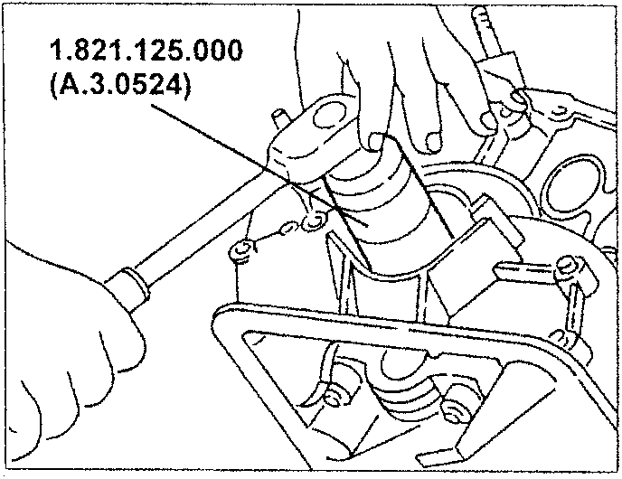 Illustration showing hands using tool 1.821.125.000 to install a front crankshaft oil seal on the crankcase.