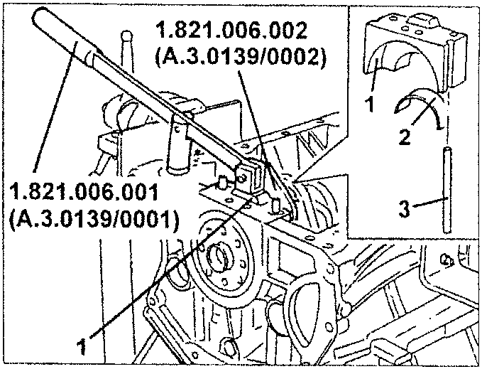 Illustration showing removal of rear crankshaft ring and crankshaft using tools 1.821.006.002 and 1.821.006.001, with torque specification 113 Nm / 11.5 kgm shown in a box.