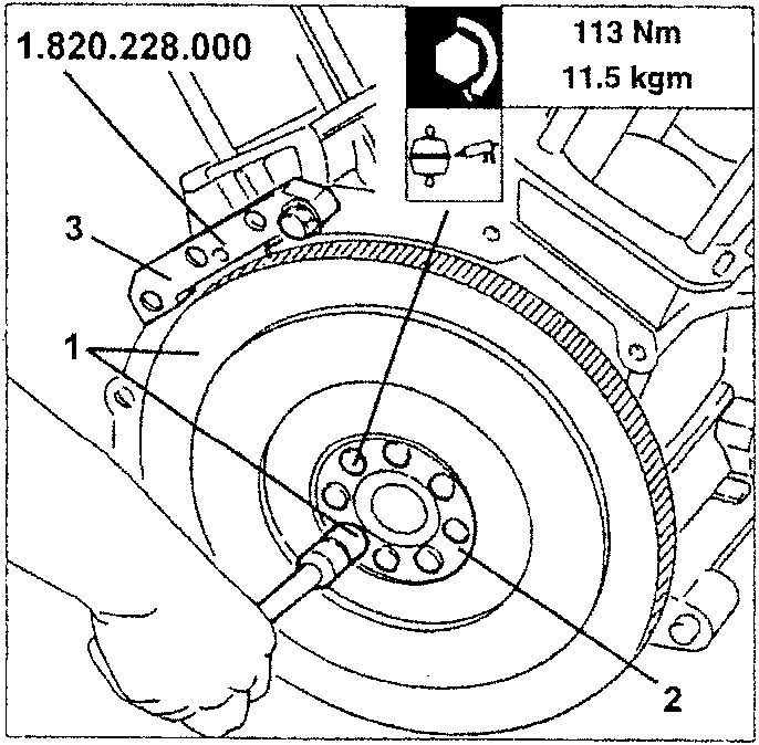 Illustration showing a hand using tool 1.820.228.000 to remove the flywheel, with torque specification 113 Nm / 11.5 kgm shown in a box.