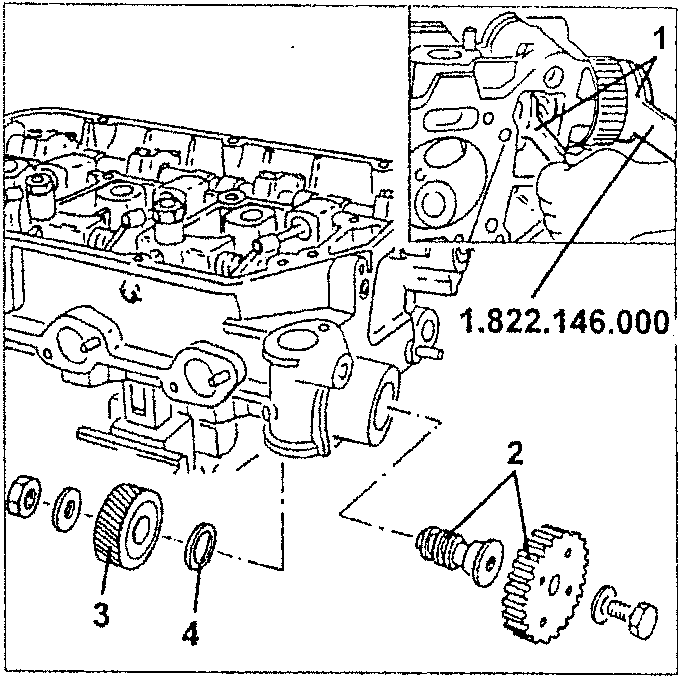Diagram showing disassembled oil pump pulley components, with numbered parts 1, 2, 3, 4. Part 1 is labeled 1.822.146.000.