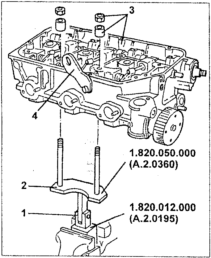 Diagram showing cylinder head mounted on adjustable support and fork, with numbered parts 1, 2, 3, 4. Part 1 is labeled 1.820.012.000 (A.2.0195), part 2 is labeled 1.820.050.000 (A.2.0360).