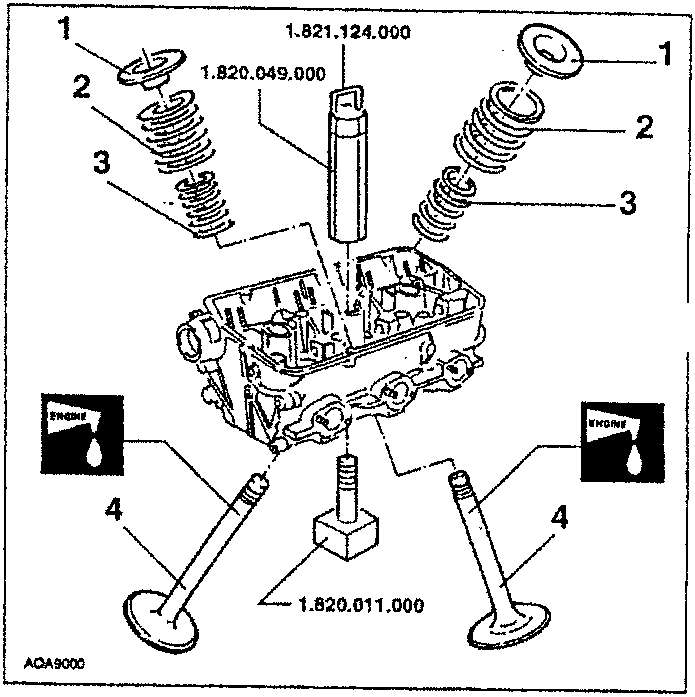 Valve disassembly diagram showing upper caps, outer springs, inner springs, and valve pair