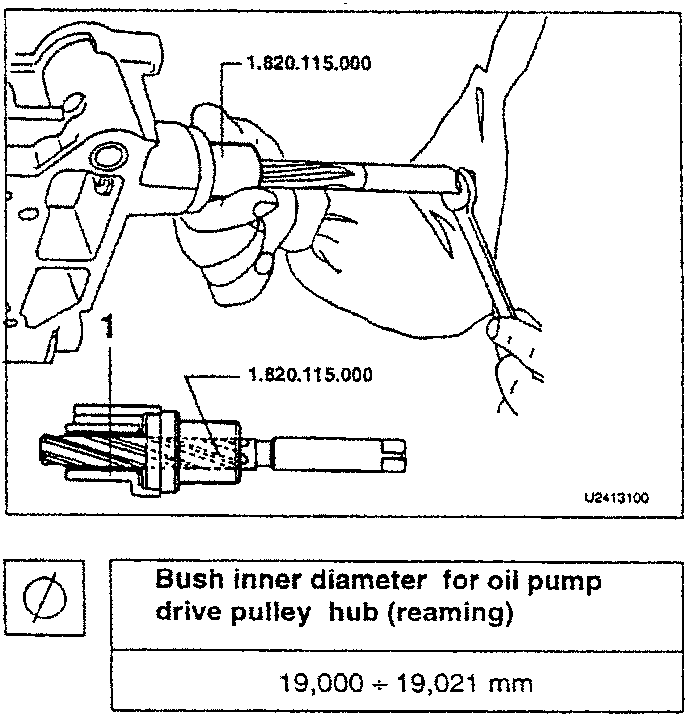 Illustration showing reaming of bush «B» for oil pump drive pulley hub
