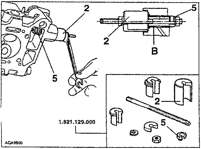 Illustration showing removal of bush «B» using special washer 5 and bowl 2