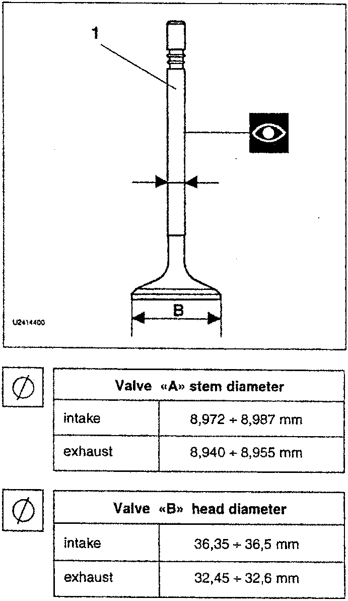 Diagram of a valve showing its stem and head, with labeled dimensions 'B' for the head diameter and '1' for the stem.