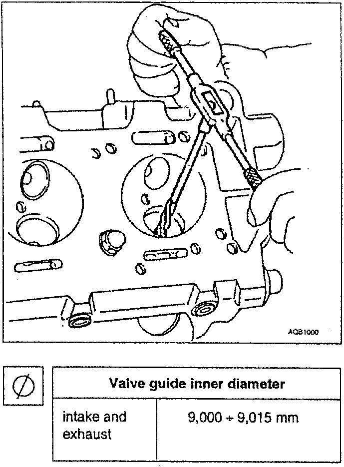Illustration showing a hand using a reamer tool inside an engine cylinder head, with valve guides visible.