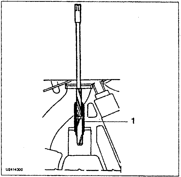 Illustration showing a valve stem being inserted into a valve guide, with a tool labeled '1' holding it in place.
