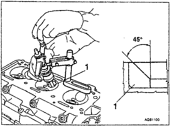 Illustration showing a hand operating a tool on a valve seat, with an angle marked as 45° and part labeled '1'.