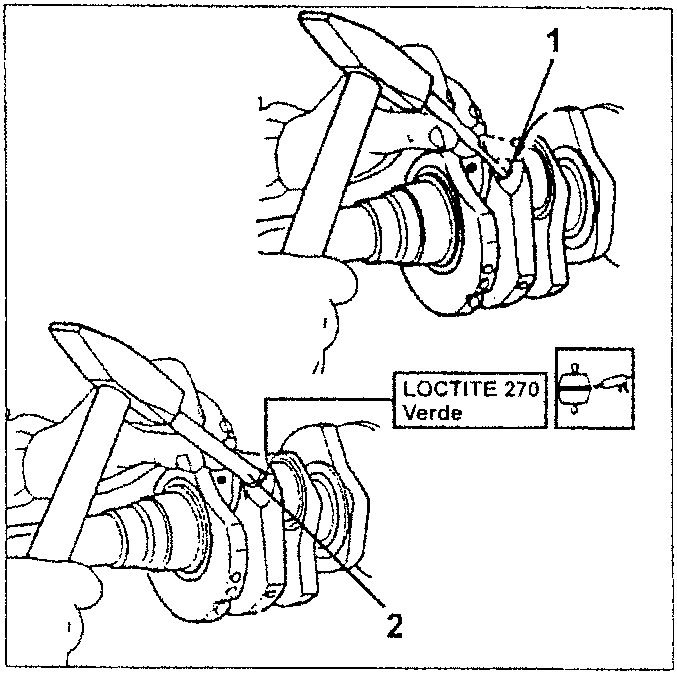 Illustration showing hands applying LOCTITE 270 Verde glue to a lubrication duct cap (labeled 1) and inserting it into a duct hole (labeled 2).