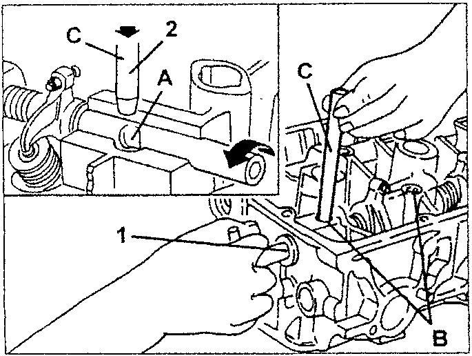 Rocker arm journal assembly with washers, arms, springs, and pin C shown