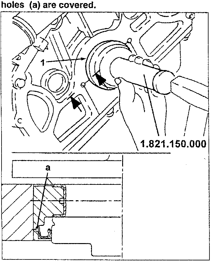 Illustrates installing piston pin with cover over holes