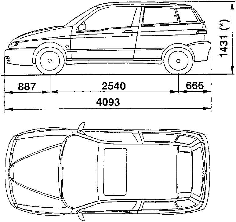 Side and plan views with dimensions: front overhang 887, wheelbase 2540, rear overhang 666, length 4093, height 1431 (*)