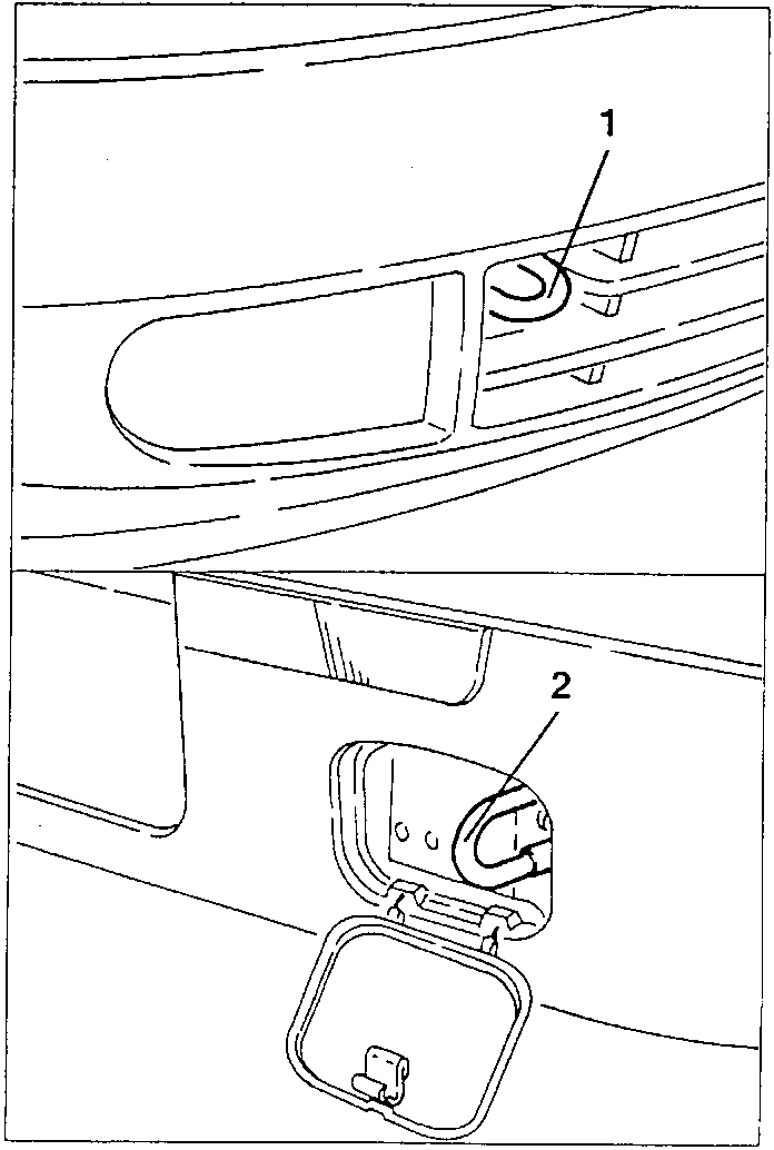 Front tow hook (1) and rear tow hook (2) with the lid open