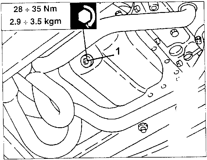 Underside of the engine showing the oil discharge cap 1, tightening torque 28 ÷ 35 Nm (2.9 ÷ 3.5 kgm)