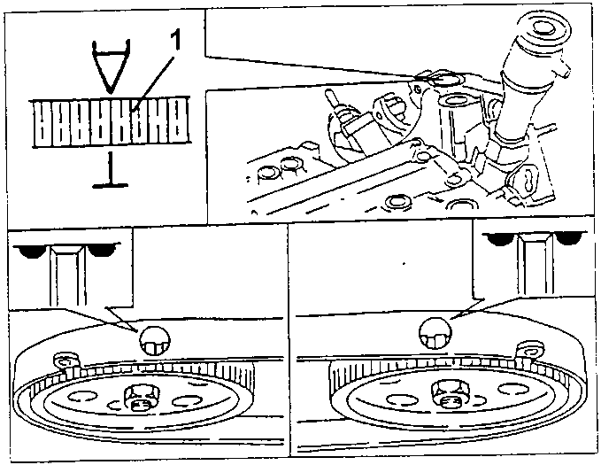 Engine timing marks: the reference mark 1 on the scale, the inspection position on the cylinder head and the flywheel timing marks