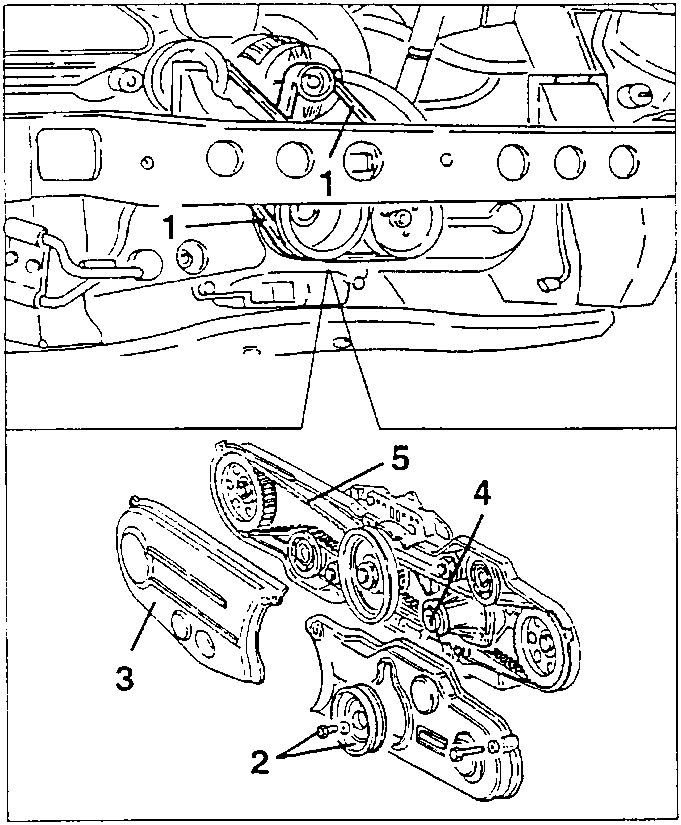 Engine with the timing belt covers removed, showing the belt tensioners and covers