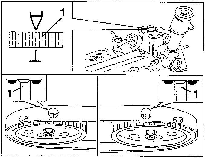 Engine timing marks: reference mark 1 on the scale, the inspection position on the cylinder head and the flywheel timing marks