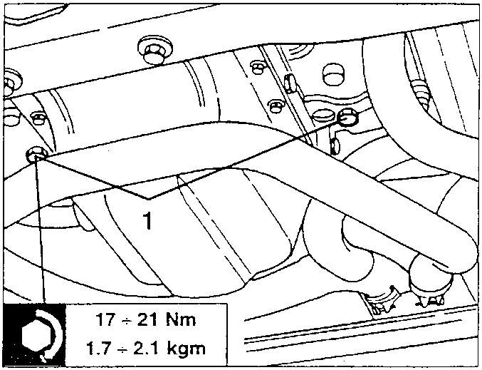 Underside of the engine showing the coolant drain plugs 1, tightening torque 17 ÷ 21 Nm (1.7 ÷ 2.1 kgm)