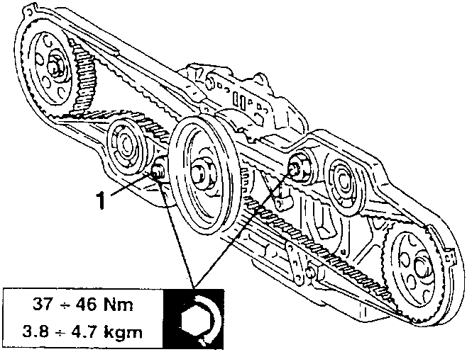 Timing belts and tensioners with the tensioner nut 1, tightening torque 37 ÷ 46 Nm (3.8 ÷ 4.7 kgm)