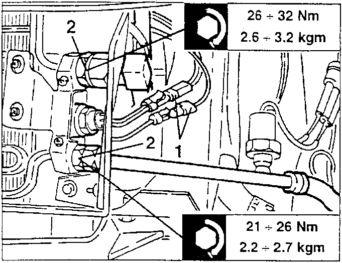 Fan control thermal contact connections 1 and condenser hoses 2, with tightening torques 26 ÷ 32 Nm (2.6 ÷ 3.2 kgm) and 21 ÷ 26 Nm (2.2 ÷ 2.7 kgm)