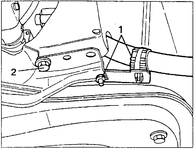 R134A hose clamp 1 and lower crossmember screw 2