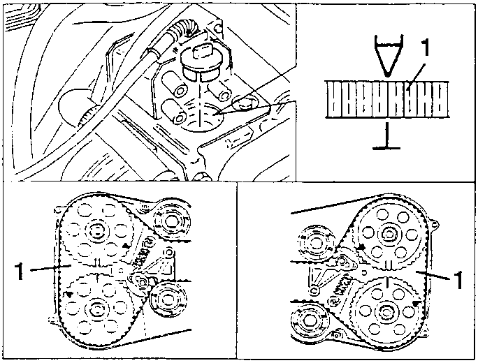 Valve gear timing marks: reference 1 on the scale, the inspection position and the timing pulleys of both heads