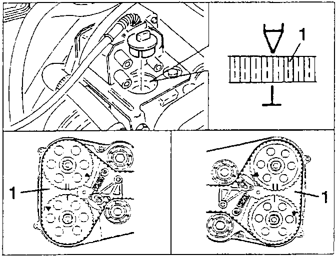 Valve gear timing marks: reference 1 on the scale, the inspection position and the timing pulleys of both heads