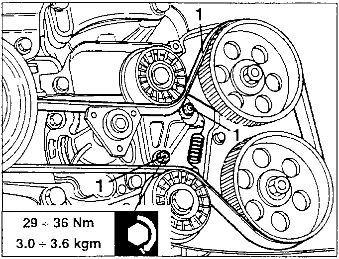 Timing belts and tensioners with the nuts 1, tightening torque 29 ÷ 36 Nm (3.0 ÷ 3.6 kgm)