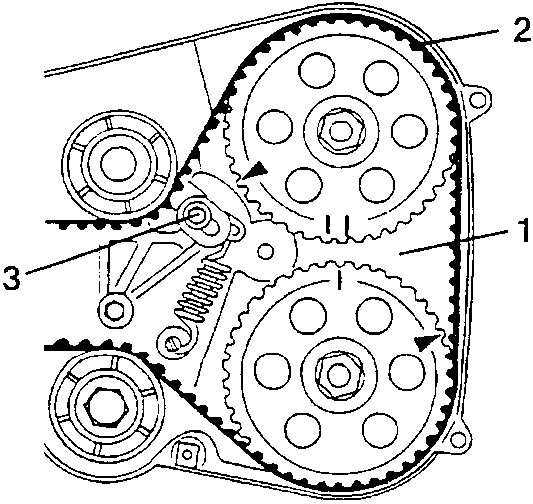 Left head timing pulleys and belt, with the pulleys 1, the belt 2 and the tensioner nut 3