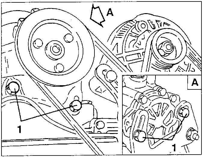 Power steering pump with fastening screws 1; detail A