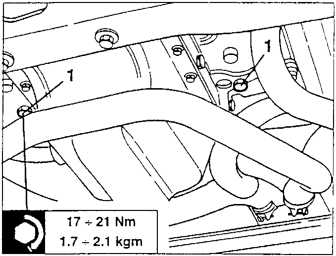 Coolant drain plugs 1 under the crankcase; tightening torque 17 ÷ 21 Nm (1.7 ÷ 2.1 kgm)