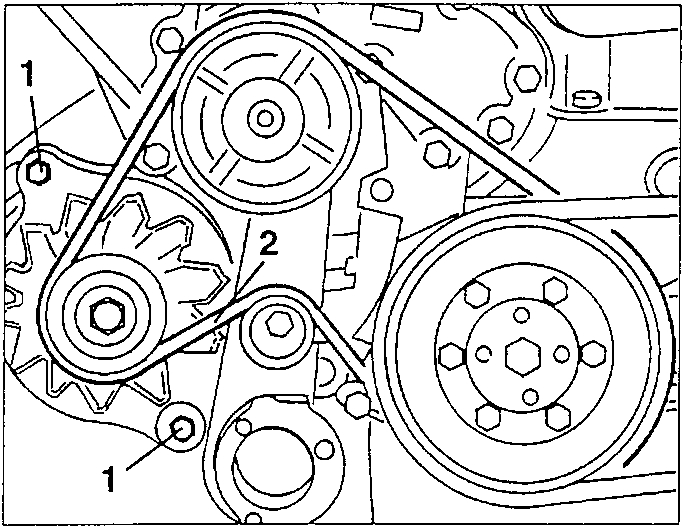 Alternator fastening bolts 1 and alternator - water pump drive belt 2