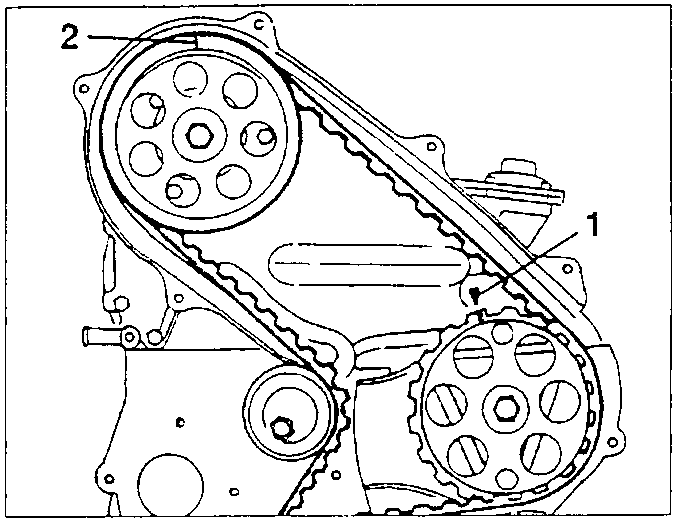 Timing belt and pulleys with alignment marks 1 and 2