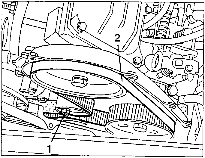 Timing belt guide pulley fastening screw 1 and timing belt 2