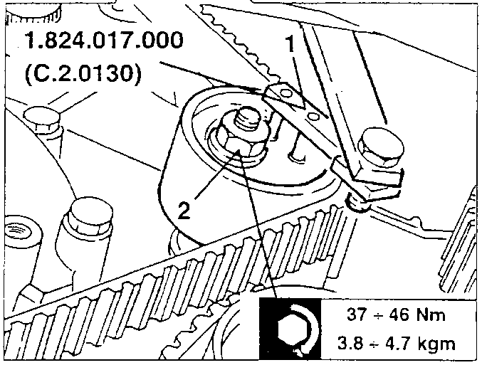 Tool 1.824.017.000 (C.2.0130) 1 on the belt tensioner and its fastening nut 2, tightening torque 37 ÷ 46 Nm (3.8 ÷ 4.7 kgm)