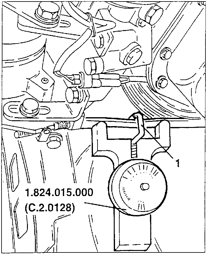 Measuring the conditioner compressor belt tension 1 with tool 1.824.015.000 (C.2.0128)