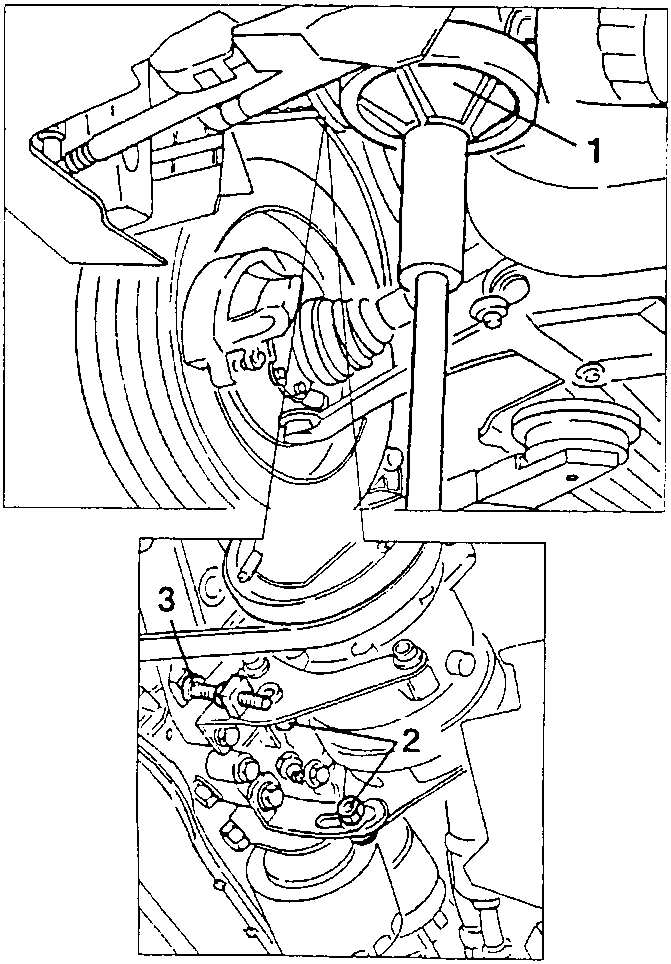 Hydraulic jack 1 under the engine; compressor fastening screws 2 and micrometric tensioner 3