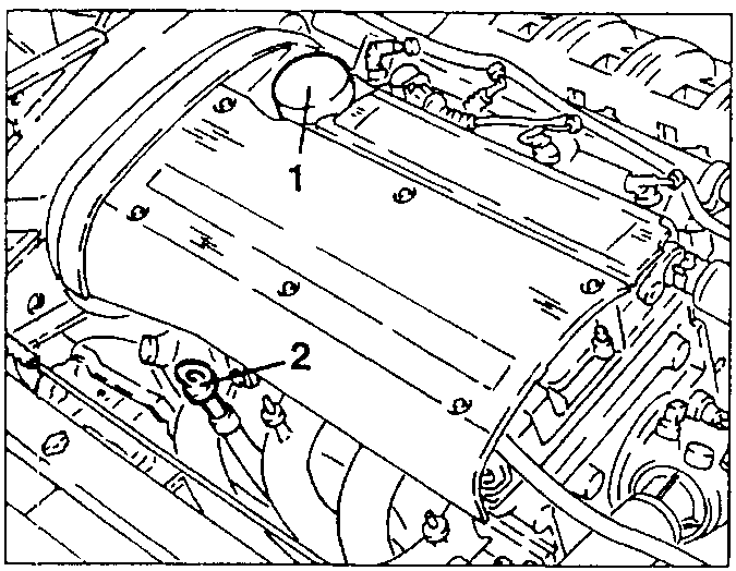 Oil filler cap 1 and dipstick 2