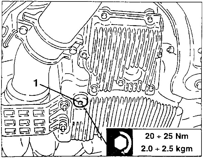 Sump drain plug 1; tightening torque 20 ÷ 25 Nm (2.0 ÷ 2.5 kgm)