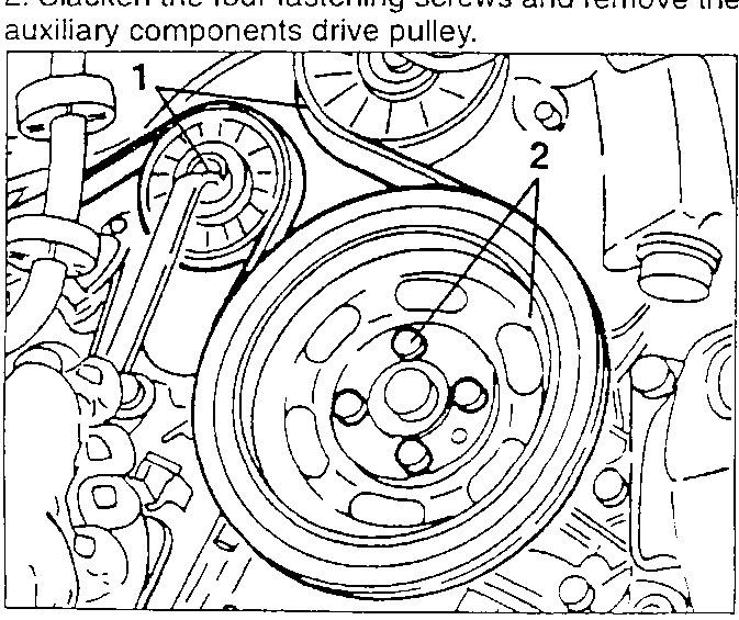 Auxiliary components drive belt guide pulley and drive pulley with fastening screws indicated