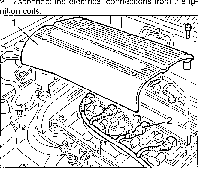 Ignition coil cover and the coil electrical connections indicated