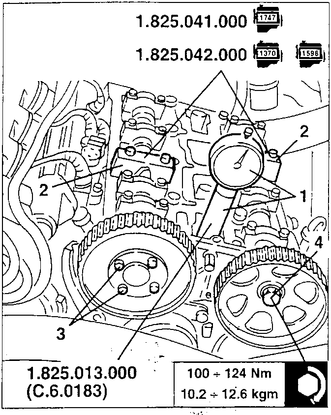 Camshaft templates and dial gauge fitted, with the timing gear pulley screws indicated