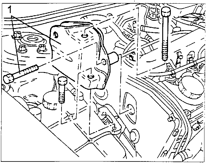 Bracket on the engine side supporting the reaction tightener, with its clamping screws indicated