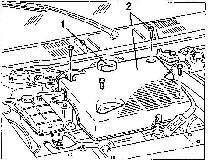 Engine cover with the oil supply cap and the clamping screws indicated