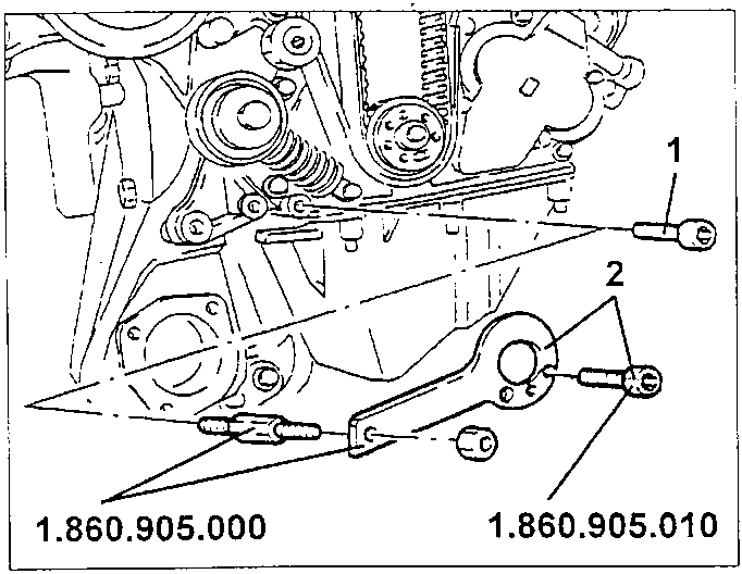 Front cover of the cylinder block with the belt fitting tool and calibrated screw