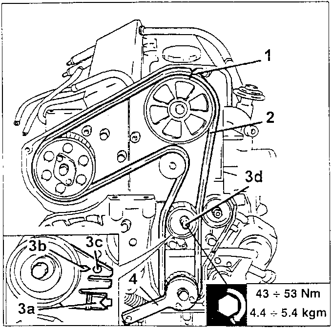 Transmission belt tightener with the pointer, reference hole and nut indicated