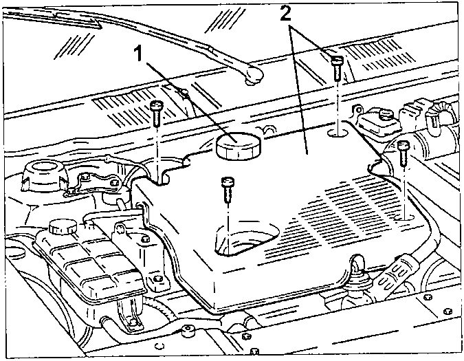 Engine cover with the oil supply cap and clamping screws indicated