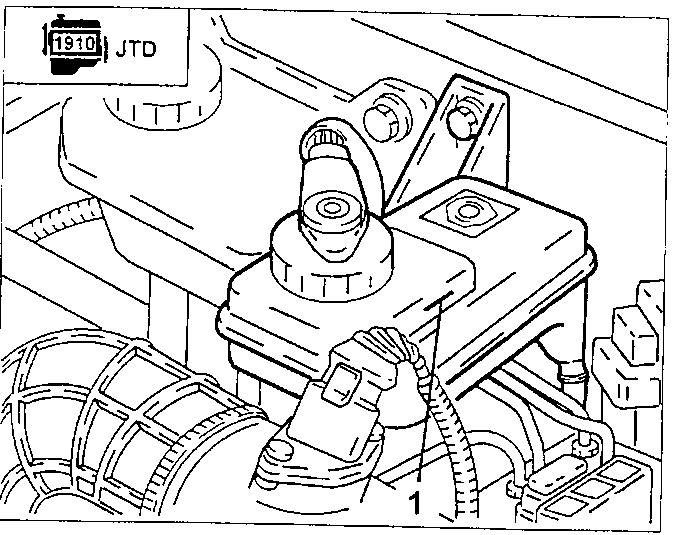 Brakes-clutch fluid tank on the 1910 JTD engine with the MAX notch indicated