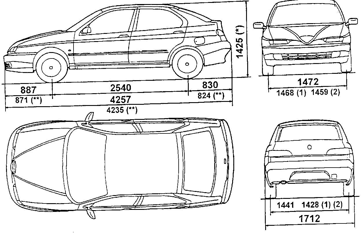 Side, plan, front and rear views with dimensions: front overhang 887 (871**), wheelbase 2540, rear overhang 830 (824**), length 4257 (4235**), height 1425*, front track 1472 (1468 (1), 1459 (2)), rear track 1441 (1428 (1) (2)), width 1712